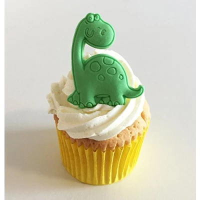 Abbildung von 6 Handgemachte Kuchendekorationen aus Zucker: Grüne Dinosaurier / Green Sugar Dinosaurs