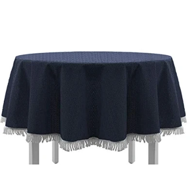 Abbildung von EXKLUSIV HEIMTEXTIL Gartentischdecke mit Fransen Tischdecke rund oval eckig Classic 160 cm blau