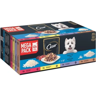 Abbildung von Cesar Selektion in Gelee Premium Hunde Nassfutter für Senior 10+ im Portionsbeutel Getreidefrei mit Superfoods 4 Varietäten Megapack 40x100g