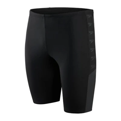 Abbildung von Speedo Boom Logo Splice Jammer, bequeme Passform, extra Unterstützung, schnell trocknendes Material, schwarz und grau, Herrengröße 26