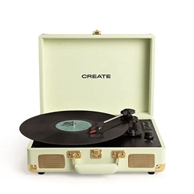 Abbildung von CREATE/Record Player POP/Tragbarer Koffer Plattenspiele in Pastellgrün/Mit Bluetooth USB, SD, MicroSD und Mp3, Retro Stil