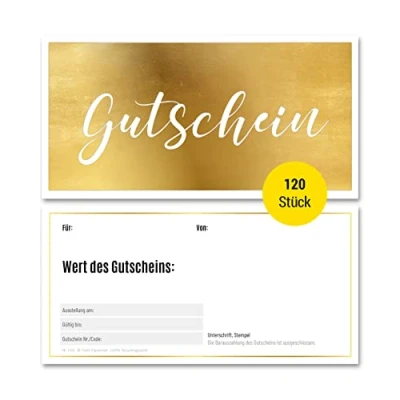 Abbildung von Frank Paperman® 120x Geschenk Gutschein blanko für Kunden mit funkelnder Goldprägung Gutscheine zum selber Ausfüllen Vordruck im Format DIN Lang Plus