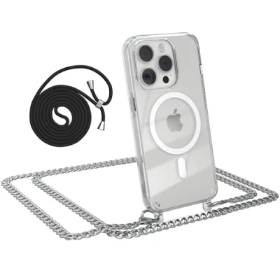 Abbildung von EAZY CASE Handykette kompatibel mit iPhone 15 Pro Kette zum Umhängen Stoßfest Handyhülle für Silikon Hülle Band aus Metall Transparent als Fallschutz in Silber