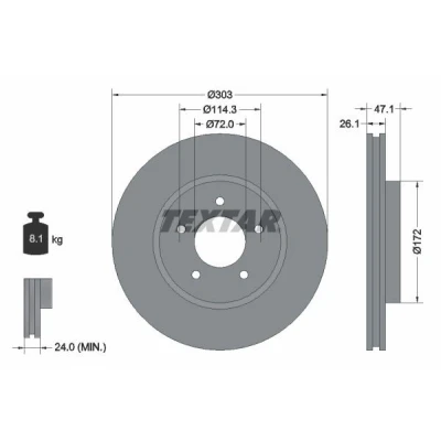 Abbildung von TEXTAR PRO 92197703 Bremsscheibe 303 26,1 05/05 114,3 innenbelüftet beschichtet ohne Radlager, Radbefestigungsbolzen, Radnabe