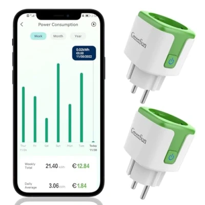 Abbildung von WLAN Steckdose mit Strommessung GreenSun Alexa VeSync App Zeitschaltuhr Energiekostenmesser Sprachsteuerung 2,4GHz 2er