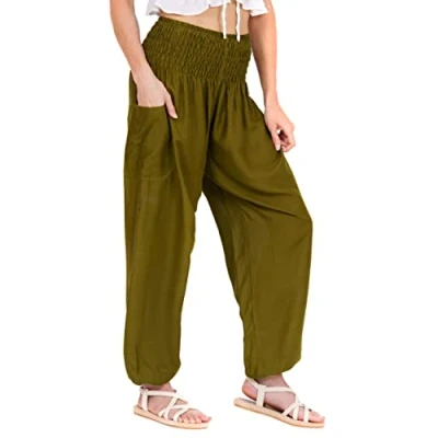 Abbildung von Lofbaz Damen Haremshose Yogahose Pumphose Hippie Hose Boho Kleidung Festival Outfit Sommerhose Leicht Sommer Hosen Solid 1 Dunkelgrün M