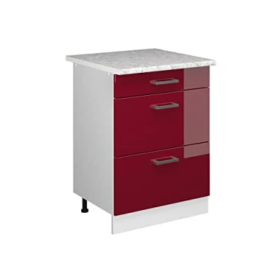 Abbildung von Vicco Küchenunterschrank R Line, Bordeaux Hochglanz/Weiß, 60 cm mit Schubladen, AP Marmor