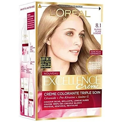 Abbildung von L&#039;Oréal Paris Excellence Creme Permanentes Haarfärbe Set mit dreifacher Haarpflege 100% Abdeckung für weißes Haar Farbton 8,10 Hellblond Aschblond