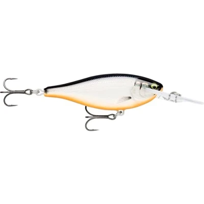 Abbildung von Rapala Shad Rap Fishing Lure Balsa Konstruktion (Bleilos) schwimmender Süßwasserköder Schwimmtiefe 2,7 m Größe 5,5 cm / 7g Made in Estland vergoldete Silberschatt