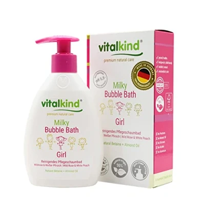 Abbildung von vitalkind Milky Bubble Bath GIRL Premium natural care for Kids. Naturkosmetik für Mädchen von vitalkind. Natürliches Schaumbad sanfte Reinigung sensibler Kinderhaut.