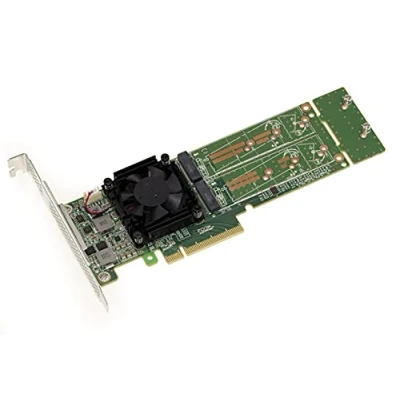Abbildung von KALEA INFORMATIQUE M2 PCIe 3.0 x8 Controller Karte für 2 M.2 NVMe M Key SSDs. Chipsatz PLX PEX 8747 32GB pro SSD, 64G insgesamt. High und Low Profile.