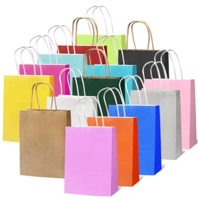 Abbildung von rokrist Bunte Geschenktüten mit Henkel 15 Stück Papiertüten Bunt, Kraftpapier Partytüten, für Weihnachten Partys, Hochzeiten, Geburtstag, Feiern, Süßigkeiten, DIY (21x15x8cm)