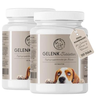 Abbildung von Gelenktabletten für Hunde mit MSM, Grünlippmuschel, Teufelskralle, Glucosamin &amp; Hyaluron 2 Dosen á 120 Gelenke Tabletten Hohe Akzeptanz beim Hund durch kleine Doppelpack