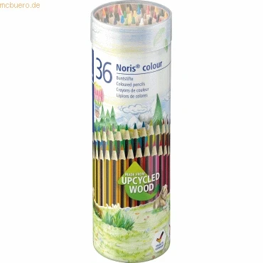 Abbildung von STAEDTLER Buntstifte Noris colour, rutschfeste Soft Oberfläche, hohe Bruchfestigkeit, Made from Upcycled Wood, intensive Farben, Sechskantformat, 36 Farbstifte in Metallrunddose, 185 MD36