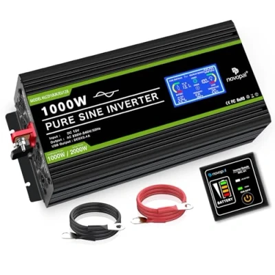 Abbildung von NOVOPAL 1000W Kfz Wechselrichter Spannungswandler 12v 230v Reiner Sinus mit LCD Display und USB Anschluss + 2AC Steckdosen Ausgang 5m Fernbedienung