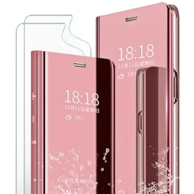 Abbildung von MLOTECH Kompatibel mit Samsung Galaxy S10 Plus 4G Hülle,Handyhülle + Schutzfolie[2 Stück] Flip Transluzent View Miroir Anti Schock Spiegel Standfunktion Schutzhülle Roségold