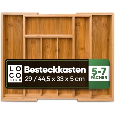 Abbildung von Loco Bird Besteckkasten für Schubladen aus Bambus (Schubladeneinsatz Küchenschubladen, Nützlicher Besteckeinsatz fur Küchen), Ausziehbar bis zu 7/9 Fächern