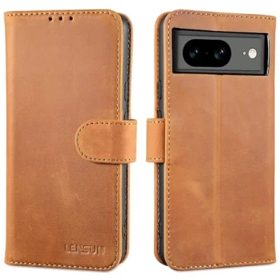 Abbildung von LENSUN Echtleder Hülle für Google Pixel 8, Handyhülle [Echtes Leder] [Magnetverschluss] [Kartenfach] Handytasche Lederhülle 8 5G Vintage Braun