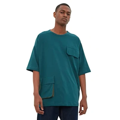 Abbildung von TRENDYOL Herren Young Regular Standard Rundhals Gewebtes T Shirt Hemd, Blaugrün, S