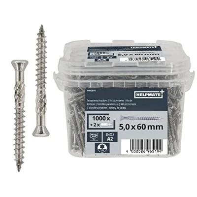 Abbildung von HELPMATE Terrassenschrauben 5x60 Edelstahl A2 Rostfrei 1000 Stück Dielenschrauben + 2 T25 Bits Terrassendielen Schrauben für Außenbereich (Terrassenbau, Gartenhäuser, Bauholzkonstruktionen etc.)