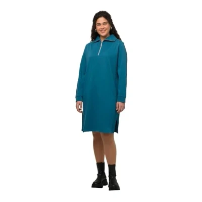 Abbildung von Ulla Popken Troyerkragen Reissverschluss Freizeitkleid, Damen, Größe: 54/56, Ozean blau