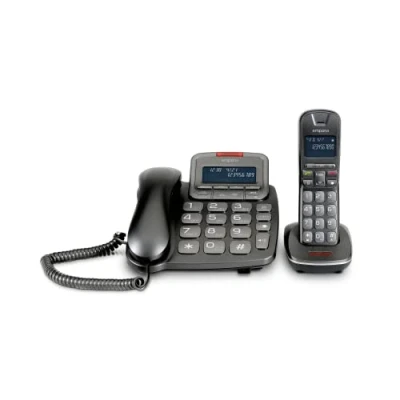 Abbildung von Emporia TH21ABB Set bestehend aus Telefon mit Kabel und Schnurlost, beleuchtetes Display, Telefonbeantworter, große Zahlen, Freisprecheinrichtung, kompatibel Hörgeräten (HAC), Schwarz (Italien)