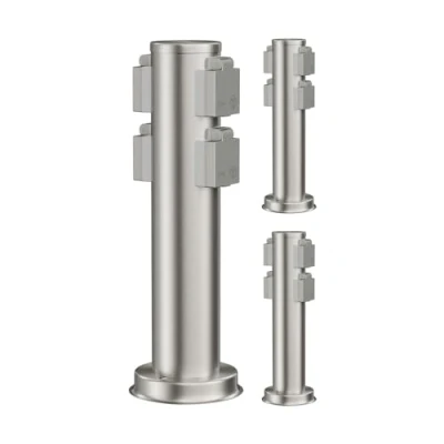 Abbildung von ledscom.de 3 Stück Garten Steckdosensäule PORU für außen, IP44, 4 Fach, Edelstahl, rund, 39 cm