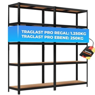 Abbildung von ALL Premium Schwerlastregal 2er Set 180x90x40cm Schwarz Bis 1250 kg belastbar, höhenverstellbar, Stecksystem, ideal für Lager, Garage