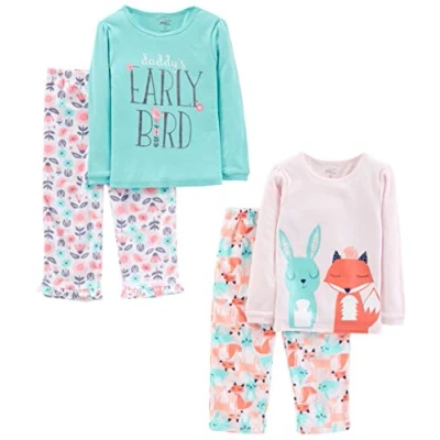Abbildung von Simple Joys by Carter&#039;s Bambine e Ragazze 4 Piece Pajama Set (Cotton Top &amp; Fleece Bottom) Pyjamaset, Blau Textaufdruck/Hellrosa Floral/Rosa Waldtiere, 5 Jahre