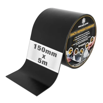 Abbildung von HSS® Dach Reparaturband, MicroSealant Klebstoff, effektiv, beständig und universell einsetzbar, wasserdichtes Klebeband, verbessertes Butylband, SKZ geprüft (Schwarz, 150mm/5m)