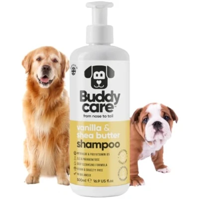 Abbildung von Vanille &amp; Sheabutter Hundeshampoo von Buddycare Feuchtigkeitsspendendes Shampoo für Hunde Frisch duftend Mit Aloe Vera und Pro Vitamin B5 (500ml)