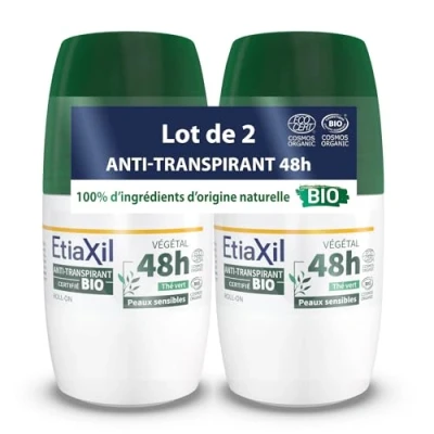 Abbildung von ETIAXIL pflanzliches Antitranspirant mäßiges Schwitzen Bio zertifiziert Achseln 48 Stunden Duft grüner Tee Roll On 50 ml 2 Stück