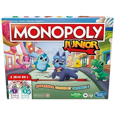 Abbildung von Hasbro Gaming Monopoly Junior Brettspiel, 2 seitiges Spielbrett, Spiele in 1, Spiel für jüngere Kinder; Kinderspiele, Jugendspiele (französische Version)