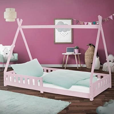 Abbildung von ML Design Kinderbett Tipi 90x200 cm Rosa mit Rausfallschutz und Lattenrost, aus Kiefernholz, Indianer Bett Massivholz für Mädchen, Hausbett Zaun, Kinderhaus Holzbett Jugendbett Spielbett Zelt