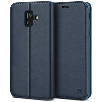 Abbildung von BEZ Handyhülle für Samsung A6 2018 Hülle Kompatibel Galaxy Tasche, Case Schutzhüllen aus Klappetui mit Kreditkartenhaltern, Ständer, Magnetverschluss, Blau Marine