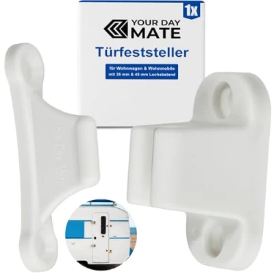 Abbildung von Türfeststeller für Wohnwagen, 1 Pack, in Weiß, zum Anschrauben, mit 35 mm und 48 Lochabstand, Türschloss Stauraum Tür Camper, Türhalter Serviceklappe Wohnmobil, Türschnapper Campervan, Türsicherung