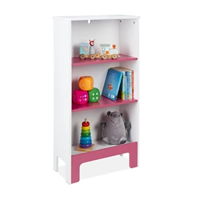 Abbildung von Relaxdays Kinderregal, 3 Fächer, HxBxT: 91x48x24 cm, für Bücher &amp; Spielsachen, Spielzeugregal Kinderzimmer, weiß/rosa