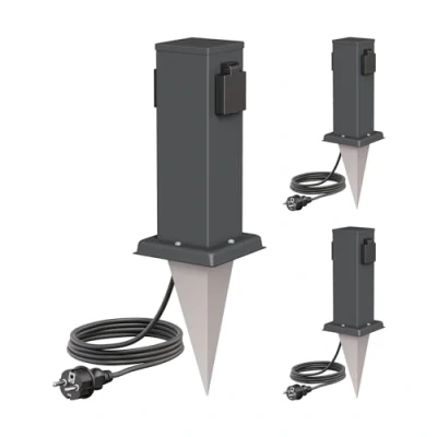Abbildung von ledscom.de 3 Stück Garten Steckdosen Säule Polly mit Erdspieß und 2m Kabel für außen, IP44, 2 Fach, anthrazit, eckig, 27cm
