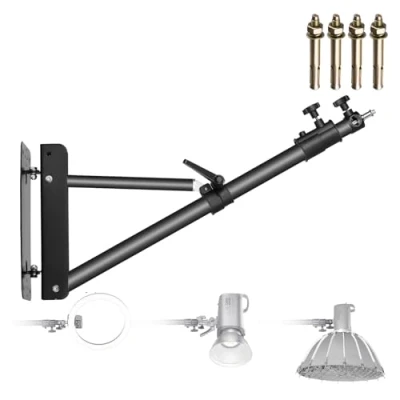Abbildung von NEEWER Wandmontage Boom Arm mit Dreieck Basis für Fotografie Studio Video Stroboskop Licht Monolight Softbox Schirm Reflektor, 180 Grad Rotation, Max Länge 66,5 Zoll/169cm (Schwarz)