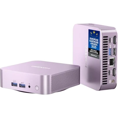 Abbildung von GEEKOM A6 Mini PC, AMD Ryzen 7 6800H, 3 Jahre Support, Mattrosa Metallgehäuse, 32GB DDR5 1TB SSD M.2, Mirco Desktop Computer W11 Pro für Spiele/Büro/HTPC, USB4(8K UHD), Quad Display, Gigabit Ethernet