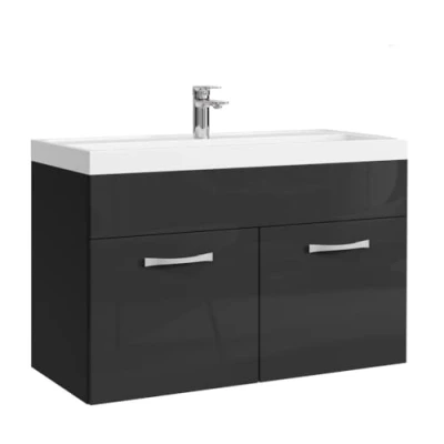 Abbildung von Badezimmer Badmöbel Set Paso 01 80cm Waschbecken Hochglanz Schwarz Fronten Unterschrank Schrank Waschtisch