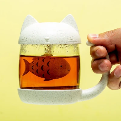 Abbildung von Winkee Teeglas Teetasse Katze mit integriertem Tee Ei, Glas, Kunststoff Deckel, für ca. 250 ml