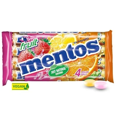 Abbildung von Mentos Fruit Dragees, 4 Rollen Frucht Bonbons Orange, Zitrone &amp; Erdbeere, Kaubonbons mit fruchtigem Geschmack, Süßigkeiten (4 Rollen), vegan