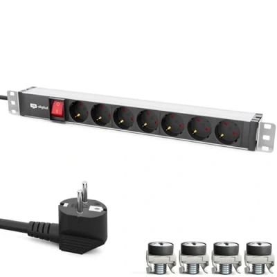 Abbildung von hb digital 19 Zoll Steckdosenleiste 7 Fach für Serverschrank 1HE Aluminiumprofil 230 VAC / 16 A Netzwerkschränke Serverschranke mit Befestigung kompakte Energieverteilung und Überlastschutz