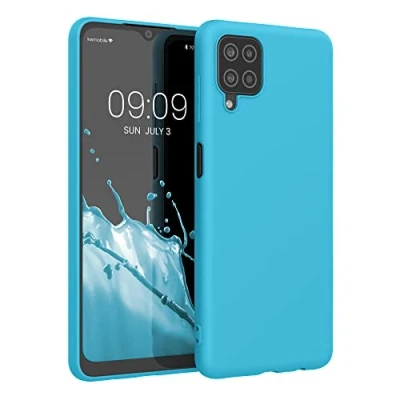 Abbildung von kwmobile Hülle kompatibel mit Samsung Galaxy A12 weiches TPU Silikon Case Cover geeignet für kabelloses Laden Meerblau