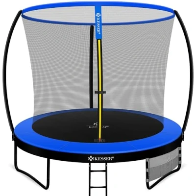 Abbildung von KESSER® Trampolin Ø 244 cm TÜV Rheinland GS Zertifiziert Gartentrampolin für Kinder bis 150 kg Komplettset mit Sicherheitsnetz, Leiter, Randabdeckung, Seitentasche und Zubehör