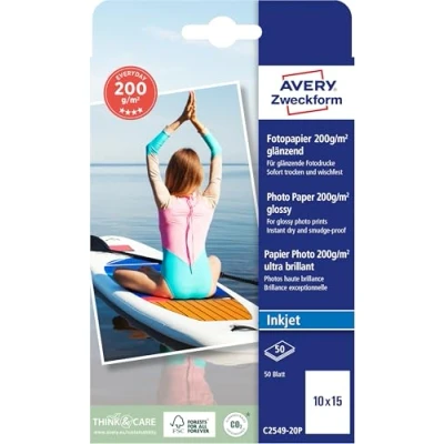Abbildung von Avery Zweckform C2549 20P Superior Inkjet Fototpapier (40 Blatt, 200 g/m², Format 10x15 mm, einseitig beschichtet, hochglänzend, ausgezeichnete Farbbrillanz, Tintenstrahldrucker, sofort trocken)