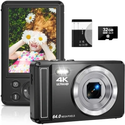 Abbildung von 4K Digitalkamera mit 32 GB TF Karte 64 MP Autofokus Fotoapparat 16X Digitalzoom Tragbar Kompaktkamera wiederaufladbare1200mAh Batterie, USB Kabel, für Teenager Erwachsene Anfänger