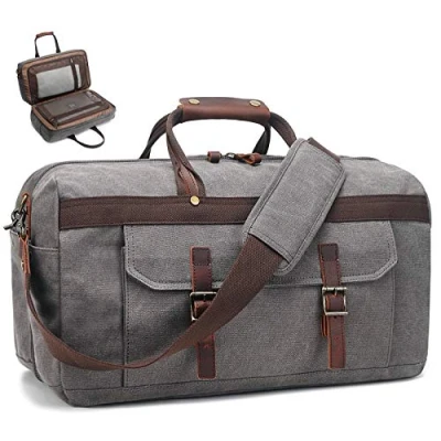 Abbildung von Seesack für Herren, wasserdicht, echtes Leder, Segeltuch, Reisetasche, Wochenendtasche, Handtasche, grau (Grau) Duffel Bag