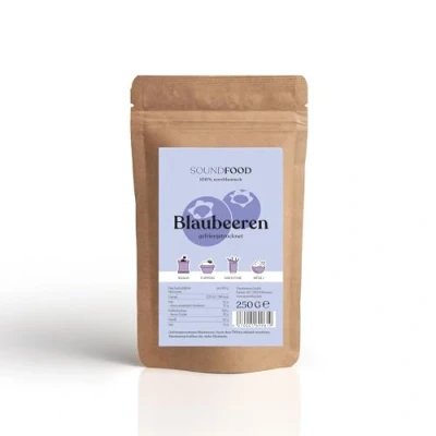 Abbildung von Blaubeeren gefriergetrocknete, ganze Heidelbeeren aus Deutschland regional = 100% norddeutsch, 250 g
